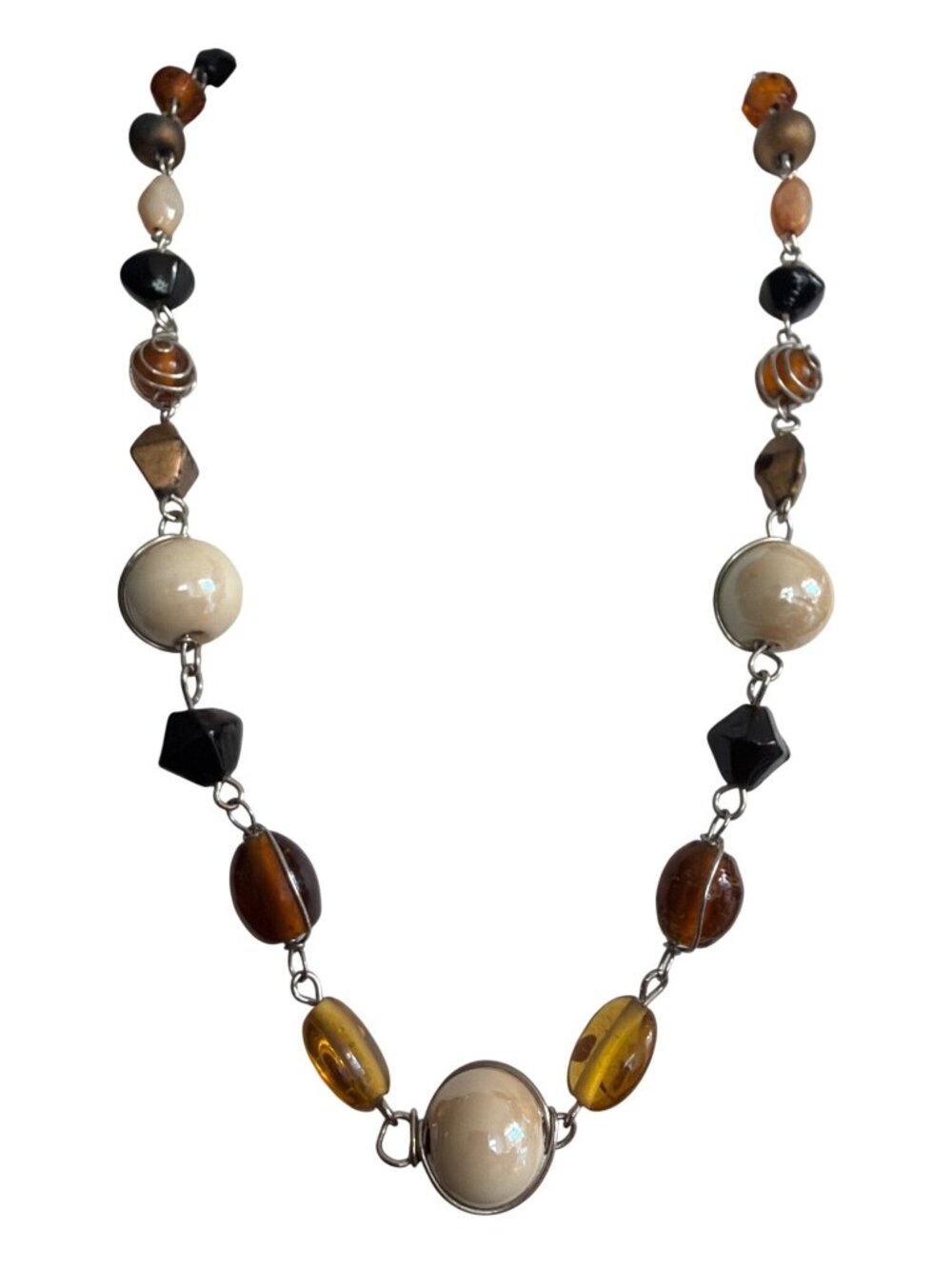Glass Resin Beaded Necklace Earthy Tones Silver Tone Wired Wrapped Adj 19.5"